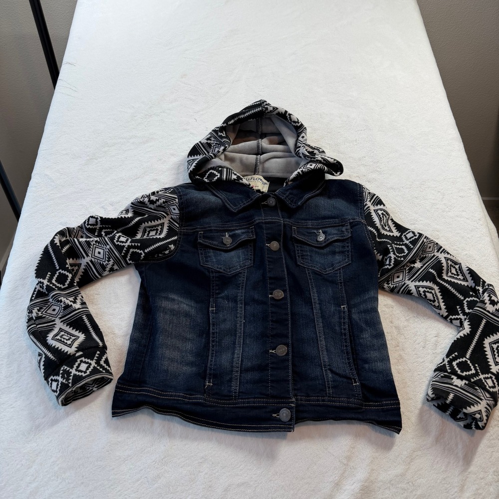 Wallflower Denim Jacket Womens Large Blue Good Mixed Media Hooded WFG09814T